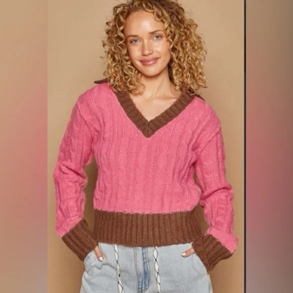 POL Cable Knit Pink/Brown V-Neck Collar Cropped Sweater S